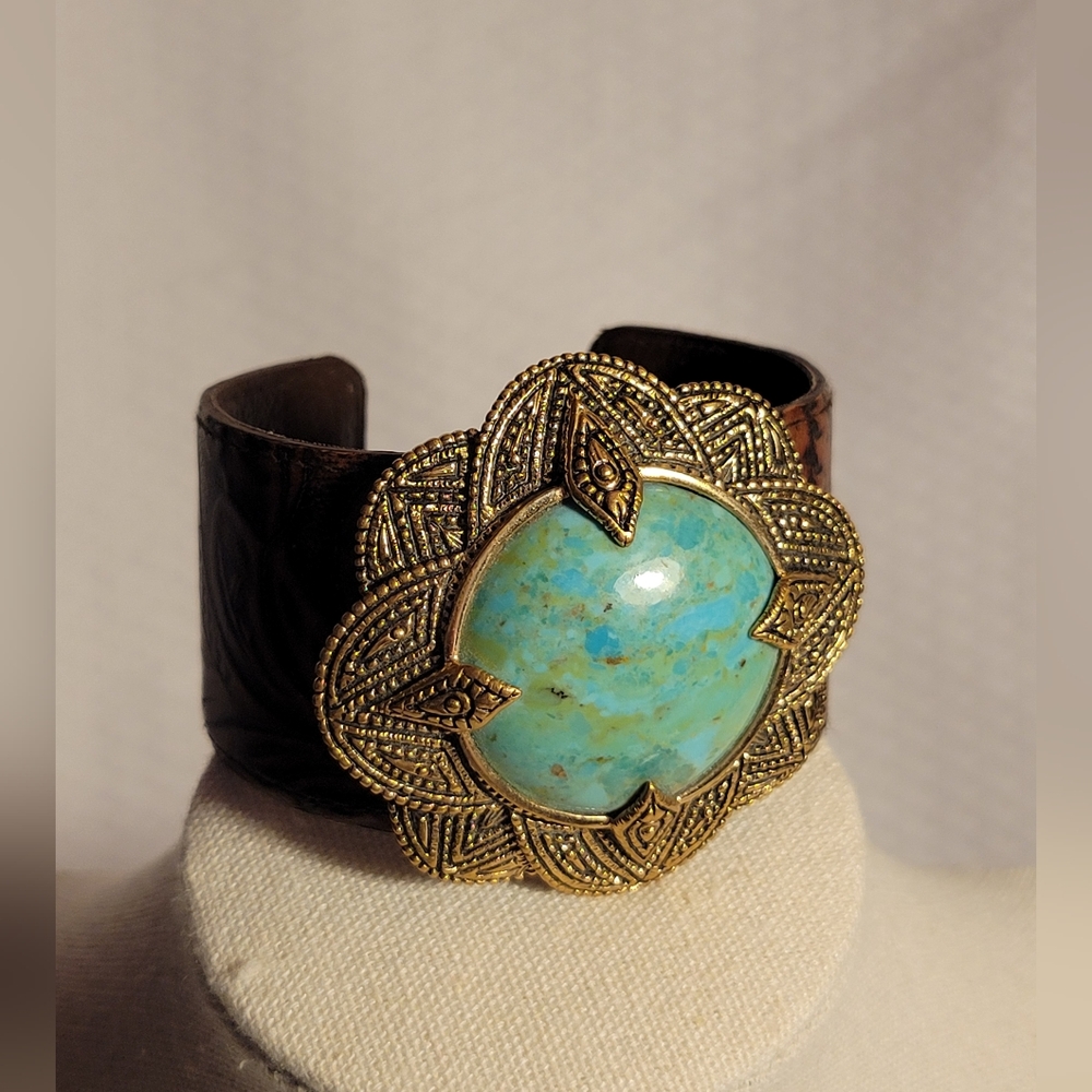Studio Barse Leather Cuff Bracelet Tooled Brass and Turquoise